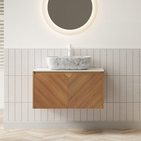 English Elm Muri Floating Bathroom Vanity Plywood Cabinet Sintered Stone Top Oak Drawer W2615S00529