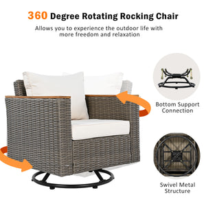English Elm K&k 8 Piece Outdoor Wicker Sectional Set with Swivel Rockers and Acacia Storage Table Beige+Brown N707S005016Z