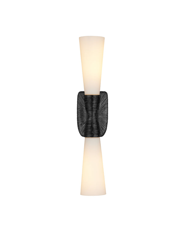 Currey & Company Burrows Brass Bath Wall Sconce - Sculptural Design With Textured Metal And Elegant White Glass Globes Black Glass ,Brass 5800-0066-currey-company