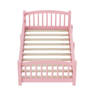 English Elm Twin Montessori Floor Bed Solid Pine Frame with Safety Guardrails for Kids Bedroom Pink N733P400298H