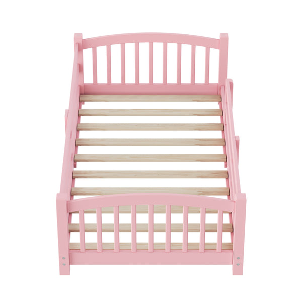 English Elm Twin Montessori Floor Bed Solid Pine Frame with Safety Guardrails for Kids Bedroom Pink N733P400298H
