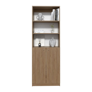 English Elm 2-Door Natural Wood Bookcase with 3 Open Shelves & Hidden Lower Storage — Sturdy, Eco-Friendly Design B097P296881