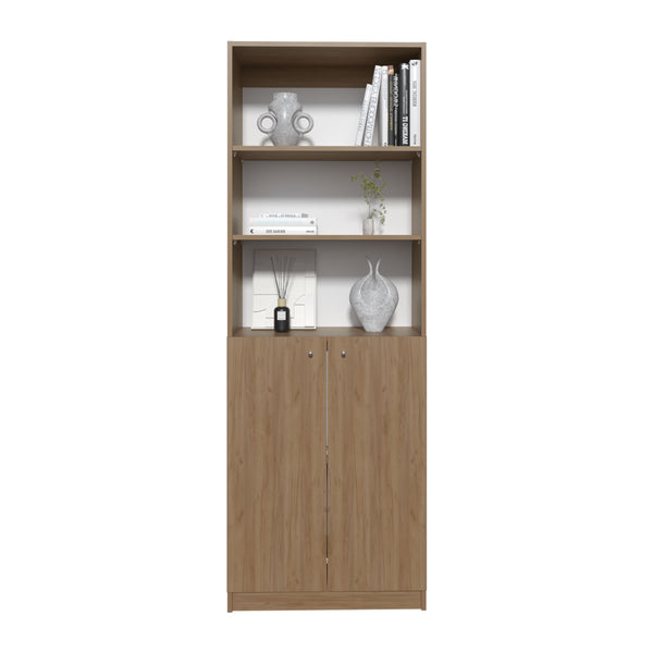 English Elm 2-Door Natural Wood Bookcase with 3 Open Shelves & Hidden Lower Storage — Sturdy, Eco-Friendly Design B097P296881