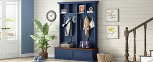 English Elm Rattan Door Hall Tree Bench with 6 Hooks Farmhouse Entryway Storage Blue N721S000076C