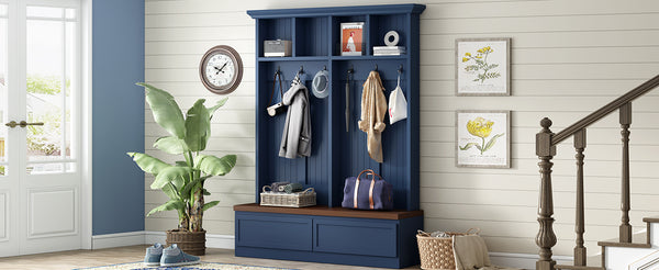 English Elm Rattan Door Hall Tree Bench with 6 Hooks Farmhouse Entryway Storage Blue N721S000076C