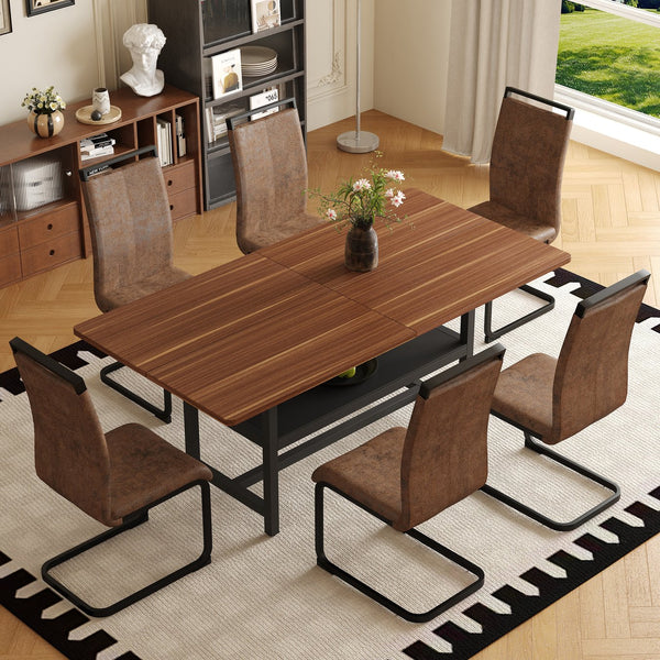 English Elm Table and Chair Set 71 Inch Walnut Grain Dining with Six Brown Fabric Seats W1151S04282