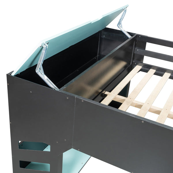 English Elm Full Size Loft Bed with Rgb Lighting Desk Drawers Hanging Rod Teen Bedroom Blue LT000288AAC-1