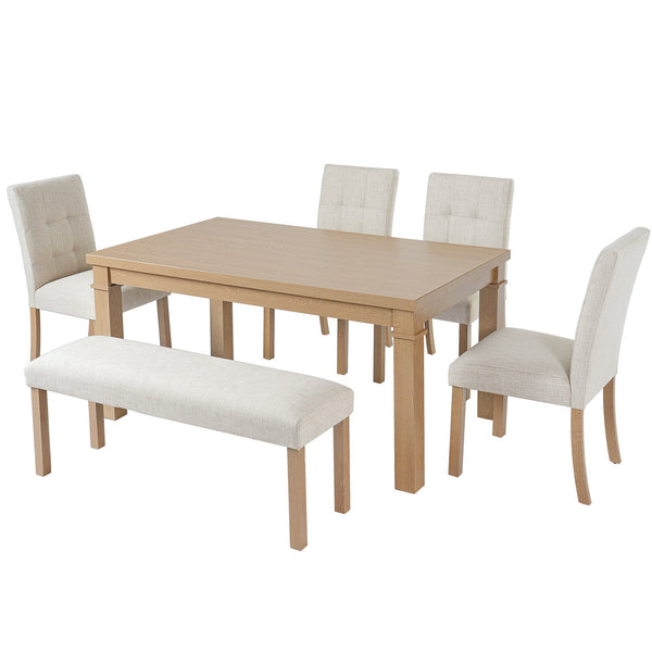English Elm 6-piece Rectangular Dining Set with Wood Grain Table Four Upholstered Chairs and Bench Natural N752S000012N