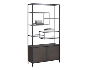 Sunpan STAMOS Bookcase - Modern Industrial Design with Charcoal Grey Oak & Black Iron Frame for Storage 104636