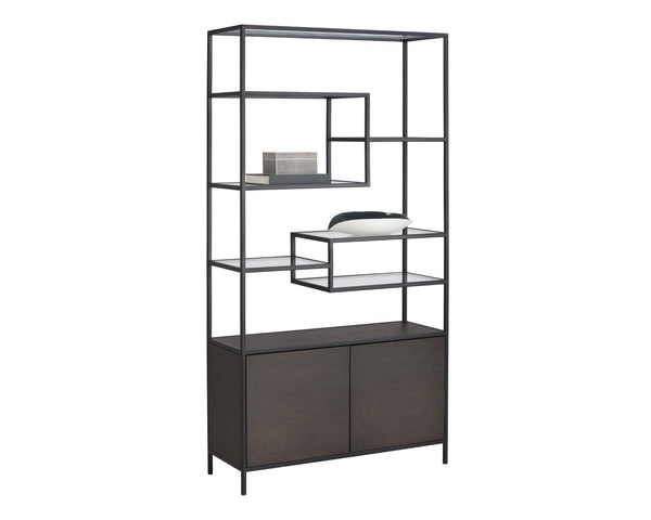 Sunpan STAMOS Bookcase - Modern Industrial Design with Charcoal Grey Oak & Black Iron Frame for Storage 104636