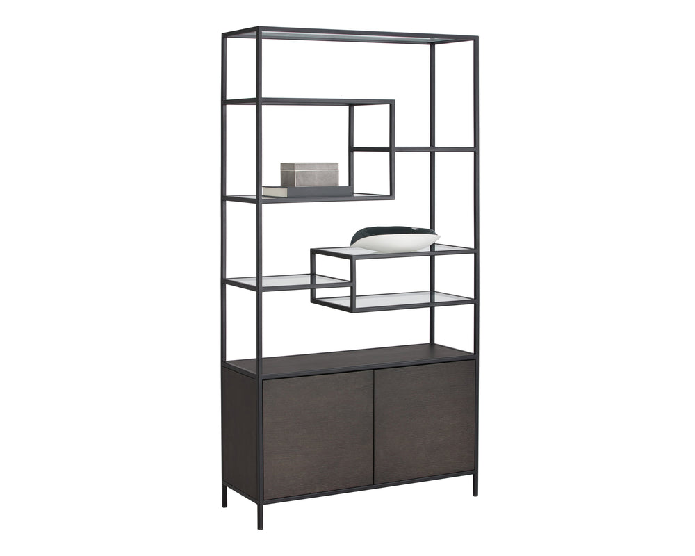 Sunpan Stamos Modern Bookcase with Oak Wood Base, Glass Shelves, and Iron Frame for Stylish Storage Solutions Black / Charcoal Grey