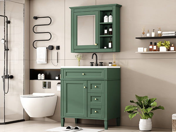 English Elm 30'' Bathroom Vanity Set With Mirror, Modern Freestanding Cabinet, Ceramic Sink & Ample Storage Space SW000127AAF-1