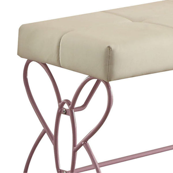 English Elm White Butterfly Tufted Bench in White Faux Leather with Light Pink Finish, Armless, Comfortable Seat B062P208996