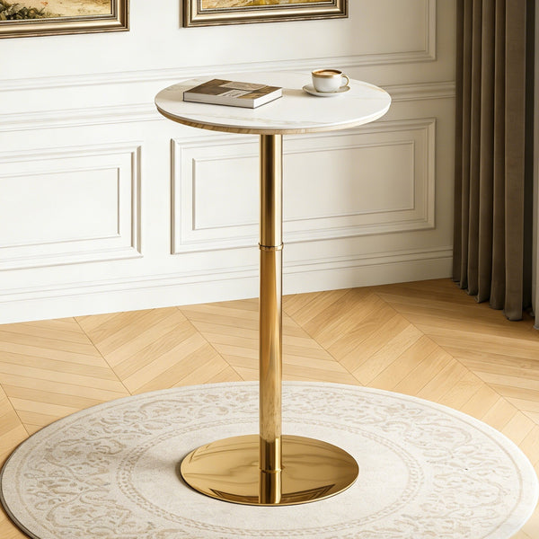 English Elm Rock Slab Round Bar Table with Gold Stainless Steel Base for Modern Home Entertaining W2920P443467