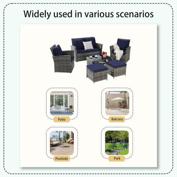 English Elm 6 Piece Outdoor Wicker Sectional with Tempered Glass Table and Weather Resistant Cushions W874P264692