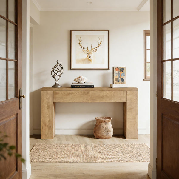 English Elm Practical Geometric Console Table with Matte Black Wood Grain Finish for Entryway or Sofa T3971P454316