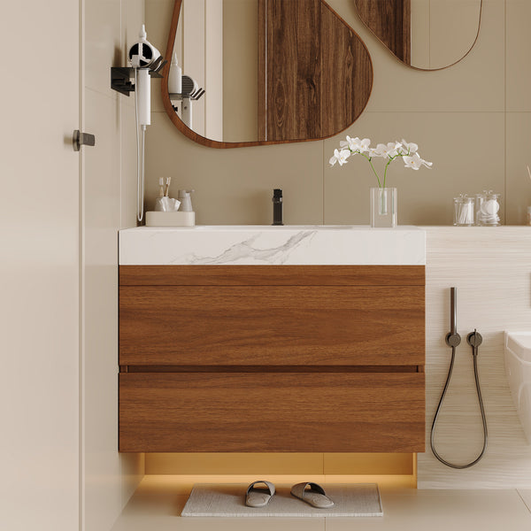 English Elm 29.9" Floating Bathroom Vanity Sintered Stone Top Soft Close Drawers Bronze Gold Hardware W3136S00041