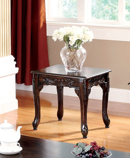 English Elm 3pc Classic Coffee & End Table Set Dark Cherry Finish with Parquet Tops, Cabriole Legs, Resin Detail B011P356773