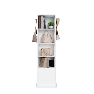 English Elm 360° Rotating Tower Cabinet with Full Length Mirror Open Shelving and Jewelry Storage White W509P456172