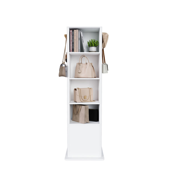 English Elm 360° Rotating Tower Cabinet with Full Length Mirror Open Shelving and Jewelry Storage White W509P456172