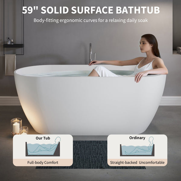English Elm 59" Stone Resin Freestanding Soaking Tub Spa Grade Oval Design for Modern Baths Matte White W1920P410063