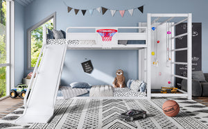 English Elm Twin Metal Loft Bed with Slide Basketball Hoop Climbing Wall and Built-in Shelves White W1580S00633