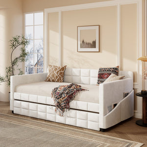 English Elm Modern Velvet Twin Daybed with Pull Out Trundle and Built in Armrest Storage Pockets Beige SF000200AAA