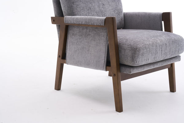English Elm Mid-Century Solid Wood Accent Chair with Chenille Upholstery, Ergonomic Waist Support, Sturdy 300lb Capacity Gray T3903P372381