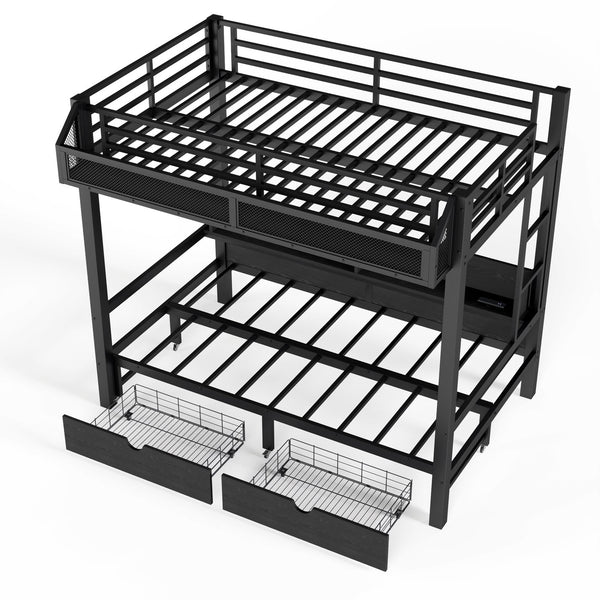 English Elm Twin Over Metal Bunk Bed with Led Lights Usb Ports Drawers and Sofa Conversion W5305S00002