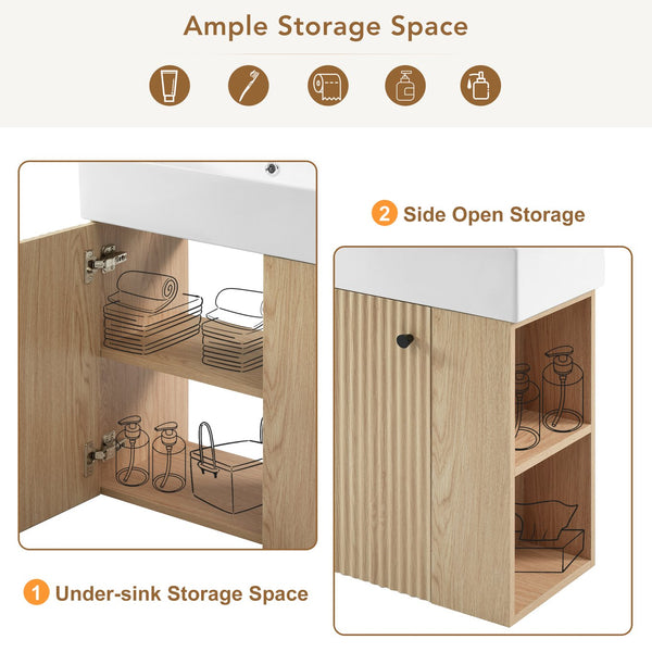 English Elm 21.6 inch Modern Floating Bathroom Vanity with Ceramic Basin, Wave Door, Rose Gold Handle Wood N729P170388D