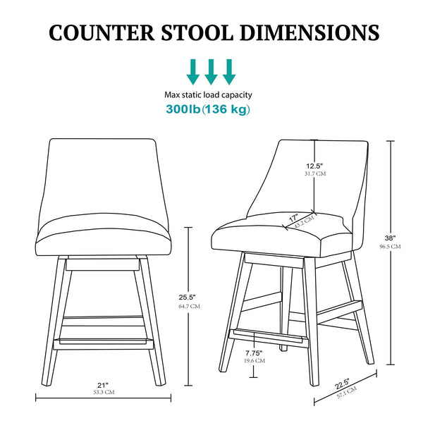 JLA Home Martha Stewart - Swivel Counter Stool with Padded Seat & 360° Swivel, Farmhouse Armless Design, Solid Wood Legs MT104-0185