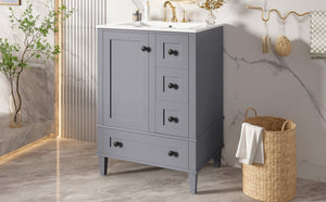 English Elm 24-inch Matte Bathroom Vanity Rubberwood Cabinet with Ceramic Sink and Soft-close Drawers Grey N729P377516E