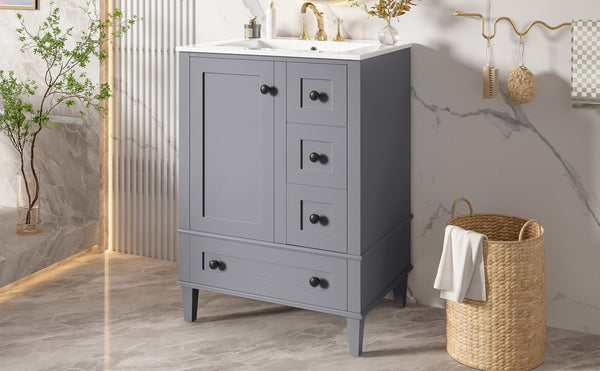 English Elm 24-inch Matte Bathroom Vanity Rubberwood Cabinet with Ceramic Sink and Soft-close Drawers Grey N729P377516E