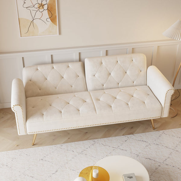 English Elm A Velvet 69.7" Sofa Bed with Gold Legs, Nailhead Trim, 2-Seater Convertible Sofa with Pillow Beige W3356P298442