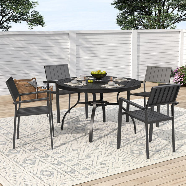 English Elm 5-piece Outdoor Dining Set Round Slatted Table with Umbrella Hole and Stackable Chairs Black W3979S00051