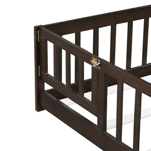 English Elm Queen Rubber Wood Floor Bed with Full Perimeter Safety Fence and Hinged Access Door Espresso W504P429342