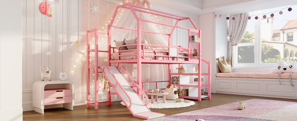 English Elm Twin House Loft Bed with Slide and Stairs, Metal Playhouse with Storage Shelves and Quiet Design Pink W1580S00349