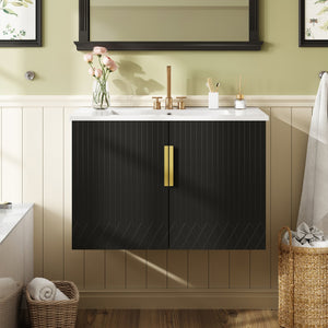English Elm 30" Vintage Bathroom Vanity with Ceramic Sink — Wall-Mount MDF & Solid Wood Cabinet, Storage, Sleek Finish Black N710P214100B
