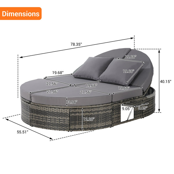 English Elm Outdoor Round Pe Rattan Daybed with Reclining Backrest and Built in Cup Trays Dark Gray W874S00079