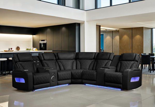 English Elm Jazmina Power Reclining Sectional with Led Lighting Bluetooth Speakers and Usb Charging Ports Black B2749S00269