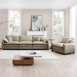English Elm Mid-Century Modern Sofa Set: 3-Seater & Single Seat With Pillows, Plush Tan Corduroy For Comfort W714S00716