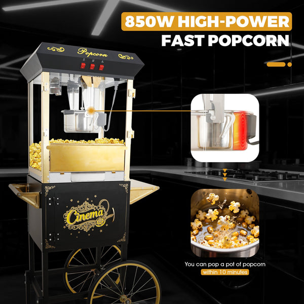 English Elm 16oz Commercial Popcorn Machine with Steel Cart Tempered Glass and 3 Switch Panel W2841P337588