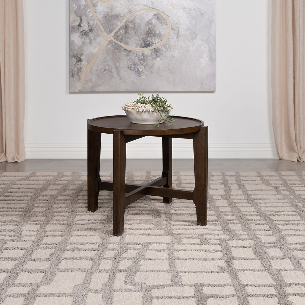 English Elm Mavis Dark Brown Round Solid Wood End Table with Recessed Edge and Cross Beam Legs, 26.25" Wide B062P299904
