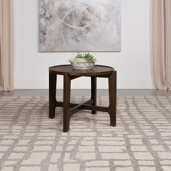 English Elm Mavis Dark Brown Round Solid Wood End Table with Recessed Edge and Cross Beam Legs, 26.25" Wide B062P299904
