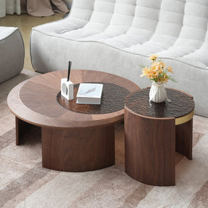 English Elm Tavola Modern Round Coffee Table Set with Walnut Veneer & Ripple Glass—Sturdy Two-Piece, Scratch-Resistant B341P321122