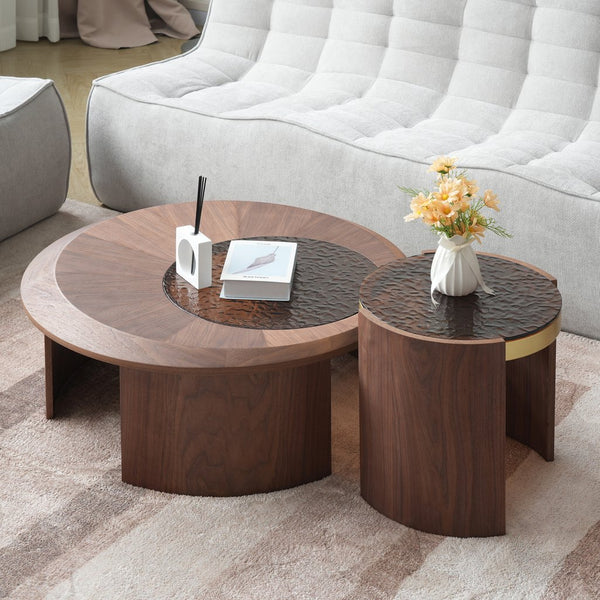 English Elm Tavola Modern Round Coffee Table Set with Walnut Veneer & Ripple Glass—Sturdy Two-Piece, Scratch-Resistant B341P321122