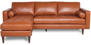 English Elm Mid-Century Cognac Tufted Leather Sectional with Reversible Chaise, Solid Wood Legs & Cushions B193P200175