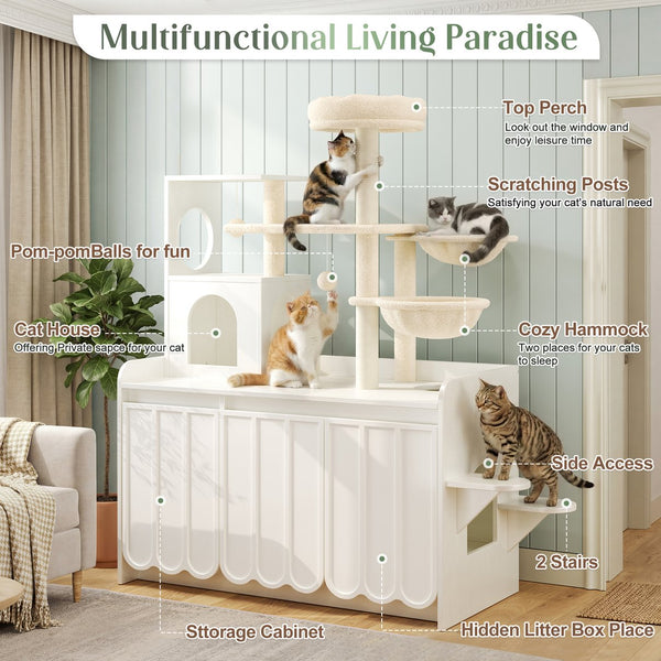 English Elm 50.6" Modern White Cat Tower with Litter Enclosure Sisal Posts Hammock and Perch N704P443505K