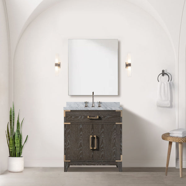 English Elm Brown Oak Single Sink Vanity Set With Carrara Marble Top, Chrome Faucet & 28" Mirror For Elegance B2731S02002