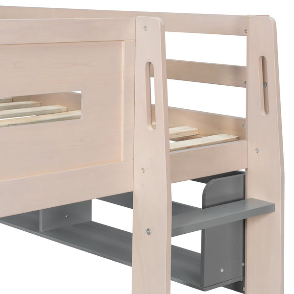 English Elm Twin Castle Bunk Bed with Led Lighting Built-in Shelf and Storage Drawers for Kids Gray LT000158AAE